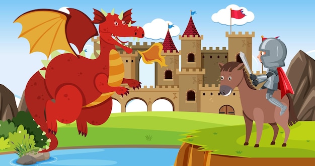 Vector knights fight with dragon at the castle