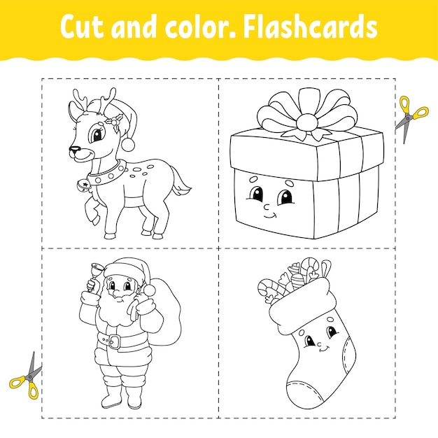 Knip en kleur flashcard set kleurboek voor kinderen leuke stripfiguur zwart contour silhouet kerstthema