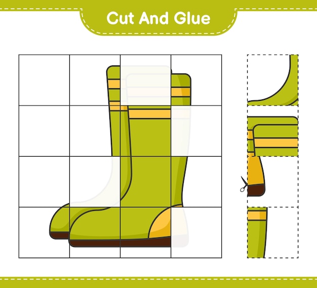 Knip en lijm delen van rubberen laarzen en lijm ze vast Educatief werkblad voor kinderen om af te drukken