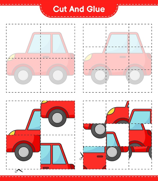 Knip en lijm gesneden delen van auto en lijm ze Educatief kinderspel afdrukbaar werkblad