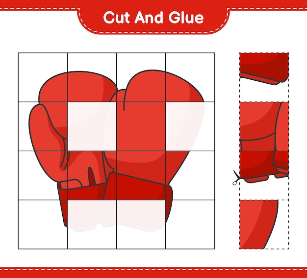 Knip en lijm gesneden delen van bokshandschoenen en lijm ze educatief spel voor kinderen afdrukbaar werkblad vectorillustratie