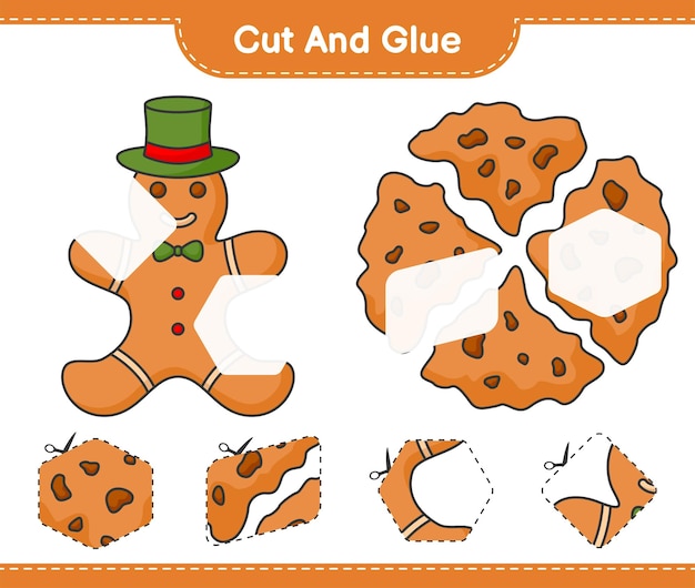 Knip en lijm gesneden delen van Gingerbread Cookies en lijm ze Educatief spel voor kinderen afdrukbaar werkblad vectorillustratie