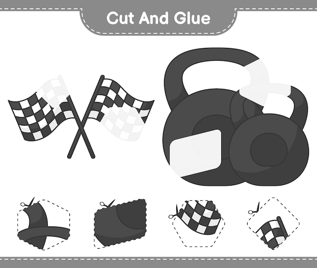 Knip en lijm gesneden delen van Racing Flags Dumbbell en lijm ze Educatief spel voor kinderen afdrukbaar werkblad vectorillustratie