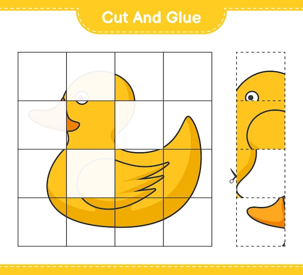 Knip en lijm gesneden delen van Rubber Duck en lijm ze Educatief kinderspel afdrukbaar werkblad