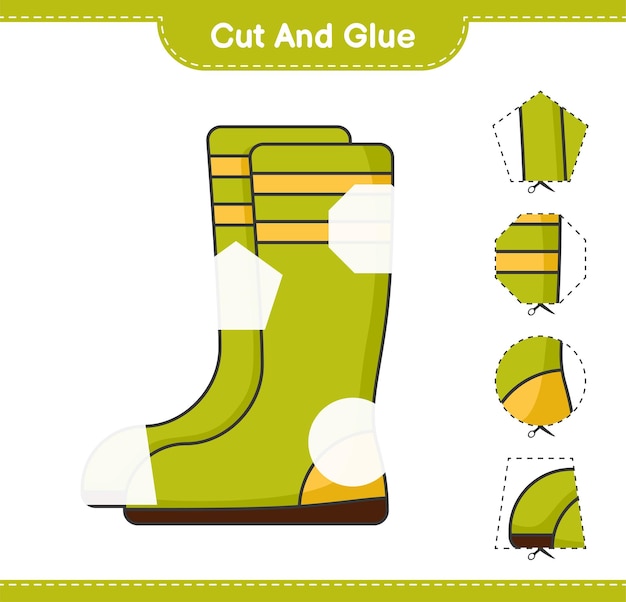 Knip en lijm gesneden delen van rubberen laarzen en lijm ze educatief kinderspel