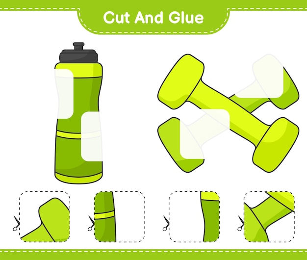 Knip en lijm gesneden delen van Sport Water Bottle Dumbbell en lijm ze Educatief spel voor kinderen afdrukbaar werkblad vectorillustratie