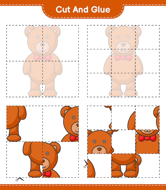 Knip en lijm gesneden delen van Teddy Bear en lijm ze Educatief kinderspel afdrukbaar werkblad
