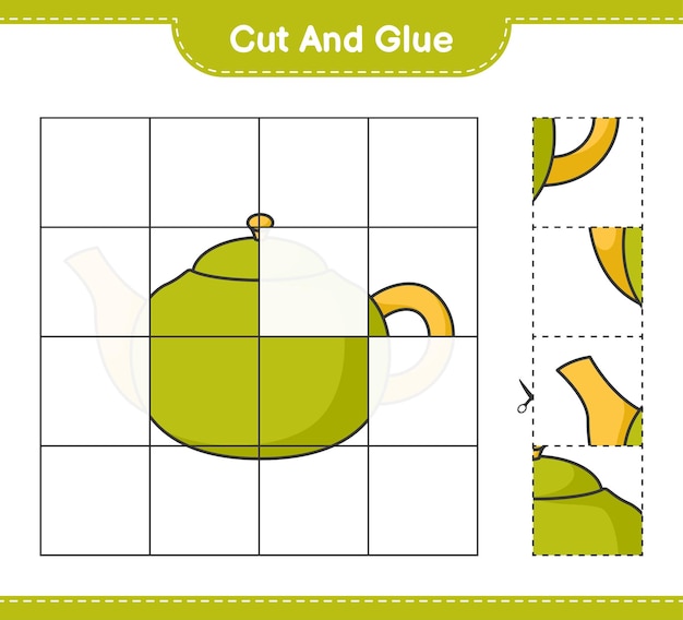 Knip en lijm gesneden delen van theepot en lijm ze Educatief kinderspel afdrukbaar werkblad
