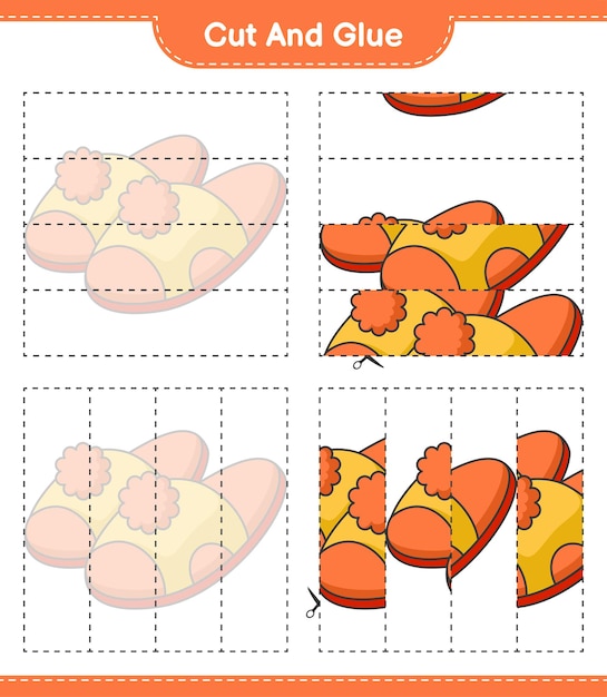 Knip en lijm, knip delen van pantoffels uit en lijm ze. educatief kinderspel, afdrukbaar werkblad, vectorillustratie