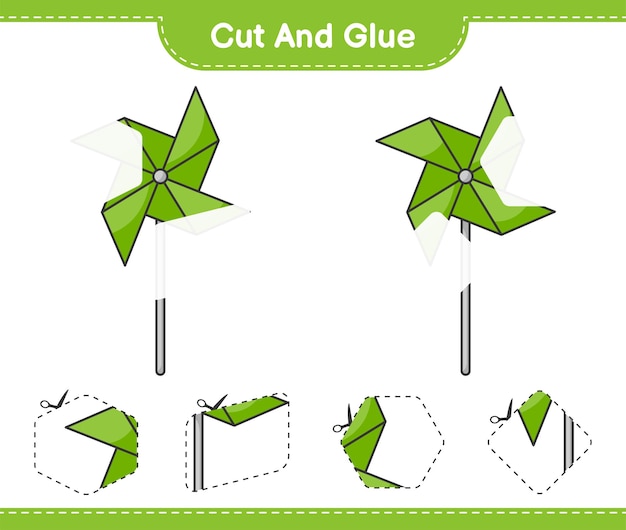 Knip en lijm, knip delen van pinwheels uit en lijm ze. educatief kinderspel, afdrukbaar werkblad, vectorillustratie