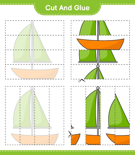 Knip en lijm, knip delen van Zeilboot uit en lijm ze. Educatief kinderspel, afdrukbaar werkblad, vectorillustratie