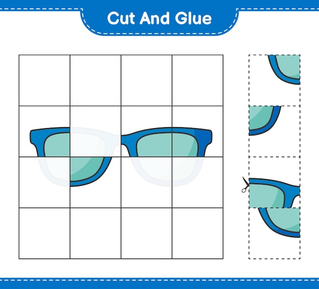 Knip en lijm, knip delen van zonnebrillen uit en plak ze vast. educatief kinderspel, afdrukbaar werkblad, vectorillustratie