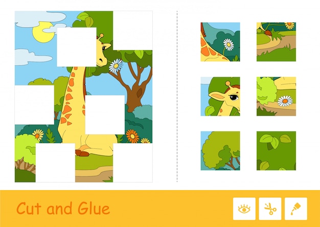 Knip en lijm puzzel lerend kinderspel met kleurrijke afbeelding van een giraf die een bloem eet in een bos, verdeeld in verschillende delen. Educatieve activiteit voor wilde dieren voor kinderen.