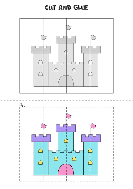 Knip en lijm spel voor kinderen. cartoon magisch kasteel.