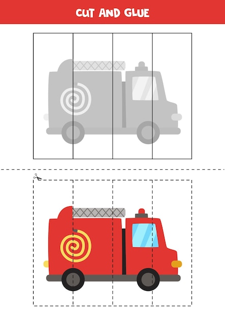 Knip en lijm spel voor kinderen met cartoon brandweerwagen. Snijoefening voor kleuters.