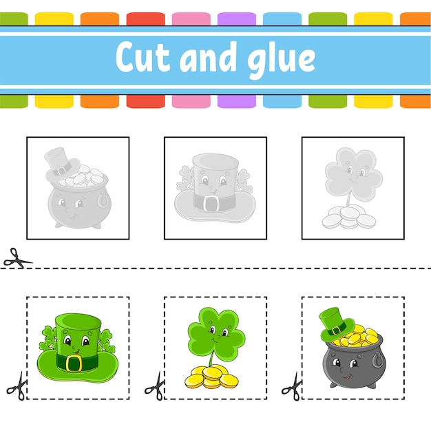 Knip en lijm spel voor kinderen onderwijs ontwikkelen werkblad kleur activiteitenpagina stripfiguur st. patrick's day