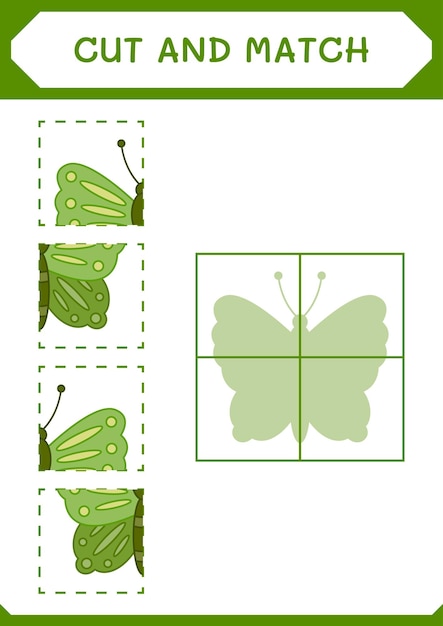 Knip en match delen van Butterfly-spel voor kinderen Afdrukbaar werkblad met vectorillustratie