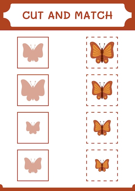 Knip en match delen van Butterfly-spel voor kinderen Afdrukbaar werkblad met vectorillustratie