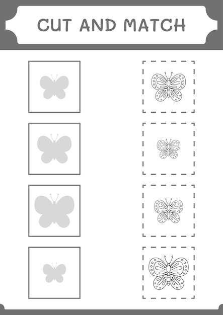 Knip en match delen van Butterfly-spel voor kinderen Afdrukbaar werkblad met vectorillustratie