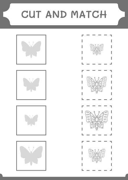 Knip en match delen van butterfly-spel voor kinderen afdrukbaar werkblad met vectorillustratie