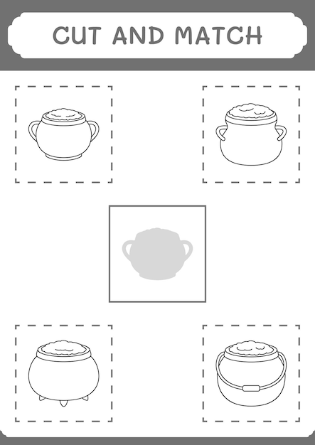 Knip en match delen van Cauldron-spel voor kinderen Afdrukbaar werkblad met vectorillustratie