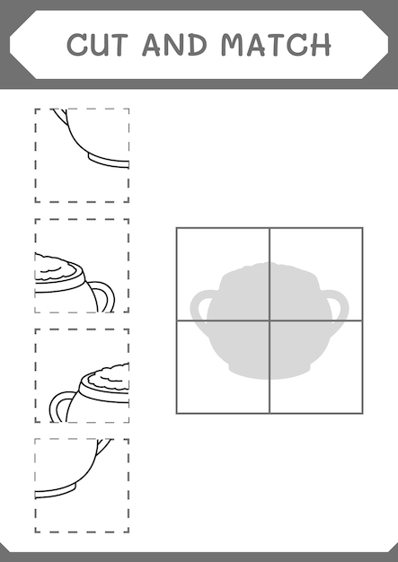 Knip en match delen van Cauldron-spel voor kinderen Afdrukbaar werkblad met vectorillustratie