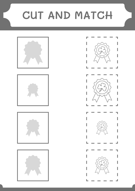 Knip en match delen van clover-badgespel voor kinderen afdrukbaar werkblad met vectorillustratie