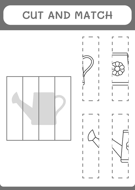 Knip en match delen van Gieterspel voor kinderen Afdrukbaar werkblad met vectorillustratie