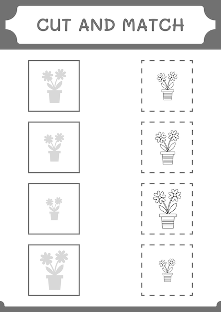 Knip en match delen van het bloemenspel voor kinderen afdrukbaar werkblad met vectorillustratie