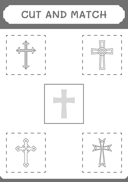 Knip en match delen van het christelijke kruisspel voor kinderen afdrukbaar werkblad met vectorillustratie