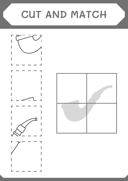 Knip en match delen van het rookpijpspel voor kinderen Afdrukbaar werkblad met vectorillustratie