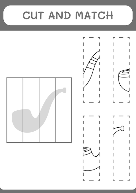 Knip en match delen van het rookpijpspel voor kinderen afdrukbaar werkblad met vectorillustratie