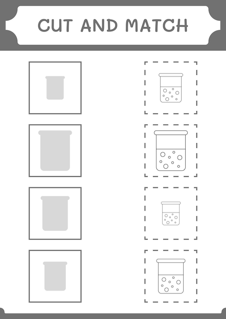 Knip en match delen van het spel Scheikundekolf voor kinderen Afdrukbaar werkblad met vectorillustratie