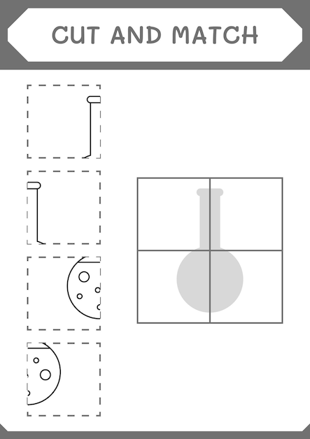 Knip en match delen van het spel Scheikundekolf voor kinderen Afdrukbaar werkblad met vectorillustratie