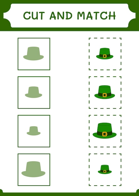 Knip en match delen van het St Patrick's Day-hoedspel voor kinderen. Afdrukbaar werkblad met vectorillustratie