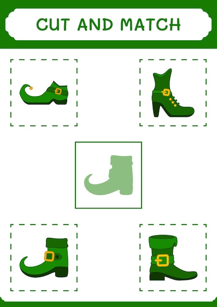 Knip en match delen van Leprechaun-bootspel voor kinderen Afdrukbaar werkblad met vectorillustratie