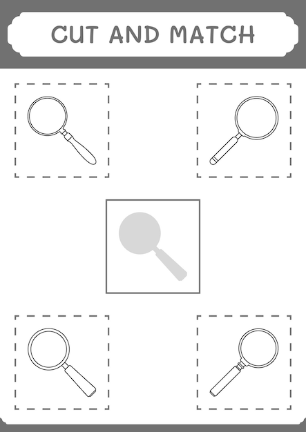 Knip en match delen van Vergrootglasspel voor kinderen Afdrukbaar werkblad met vectorillustratie