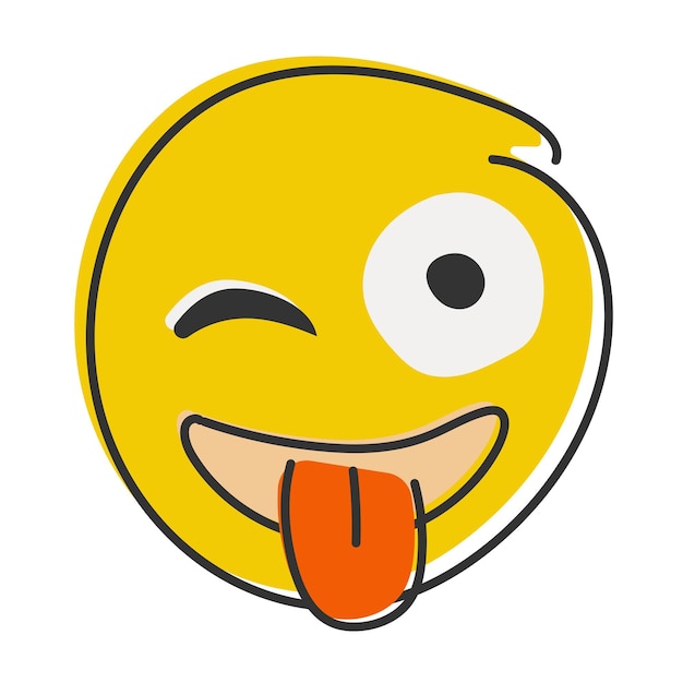 Knipogende emoji met tong Gekke emoticon met uitgestoken tong en knipoog Handgetekende vlakke stijl emoticon
