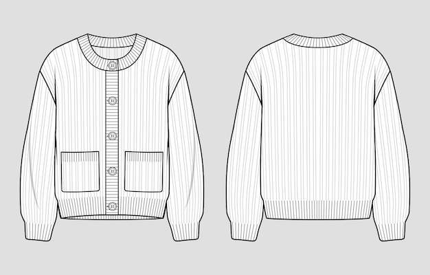 Vector knit cardigan. round neck button placket jumper. vector technical sketch. mockup template.