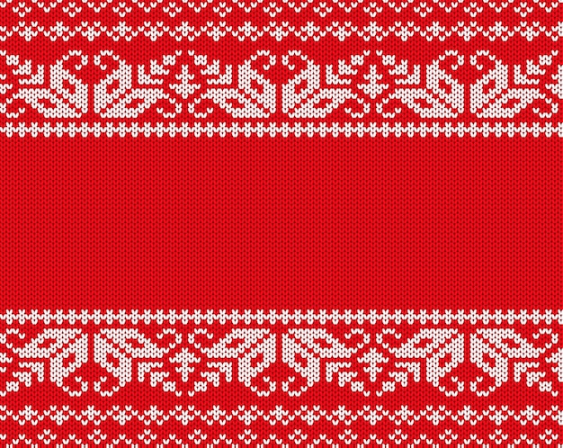 ニットクリスマスデザイン。幾何学的なシームレスパターン。テキストの空スペースで赤いクリスマス背景。