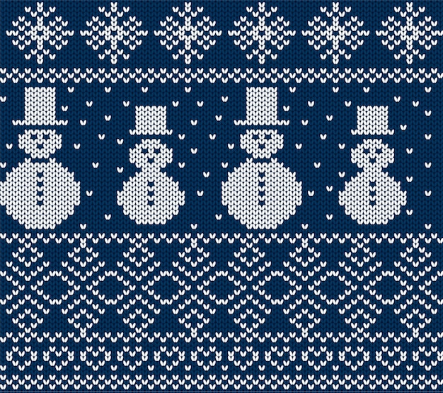 Vector knit christmas with snowmen and snowflakes. blue seamless background.