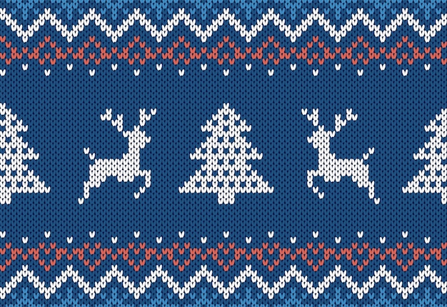 Knit print with Christmas tree and deers. Blue Xmas seamless pattern. Festive knitted border