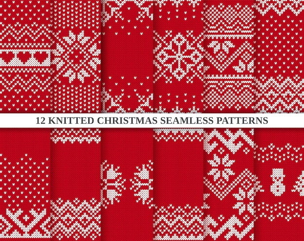 Knit prints. Christmas seamless pattern. Red knitted sweater texture. Set Xmas backgrounds. illustration