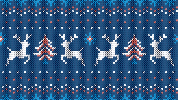 Knit seamless pattern. Christmas texture with deers, tree, snowflakes. Blue sweater background.