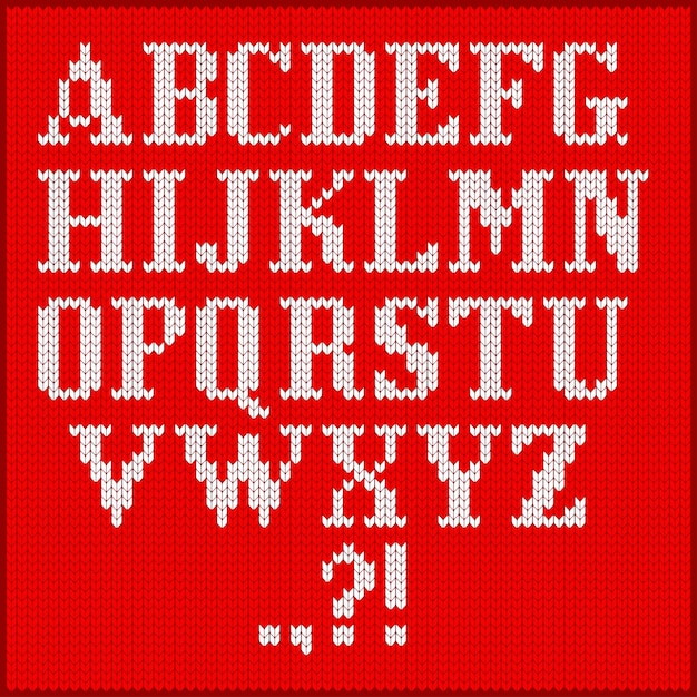 Knitted alphabet set. Flat vector cartoon illustration. White letters on a red cloth texture background.