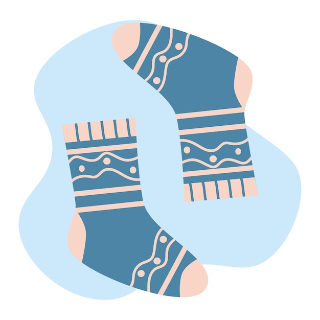 暖かく居心地の良いニットの青い靴下白で隔離のベクトル図