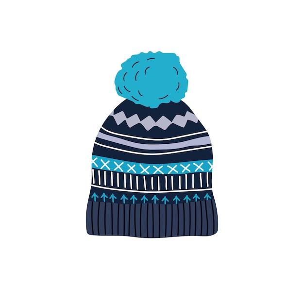 Knitted blue winter hat with bubo Winter clothes Flat vector illustration