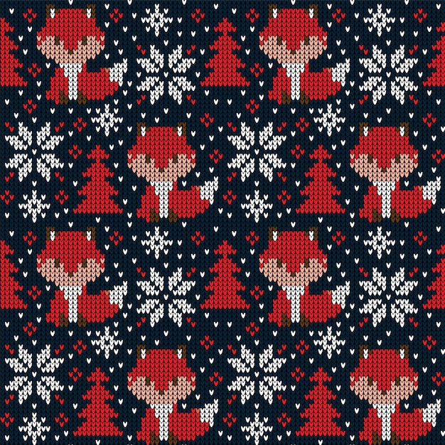 Vector knitted christmas and new year pattern in fox. wool knitting sweater design. wallpaper wrapping paper textile print. eps 10