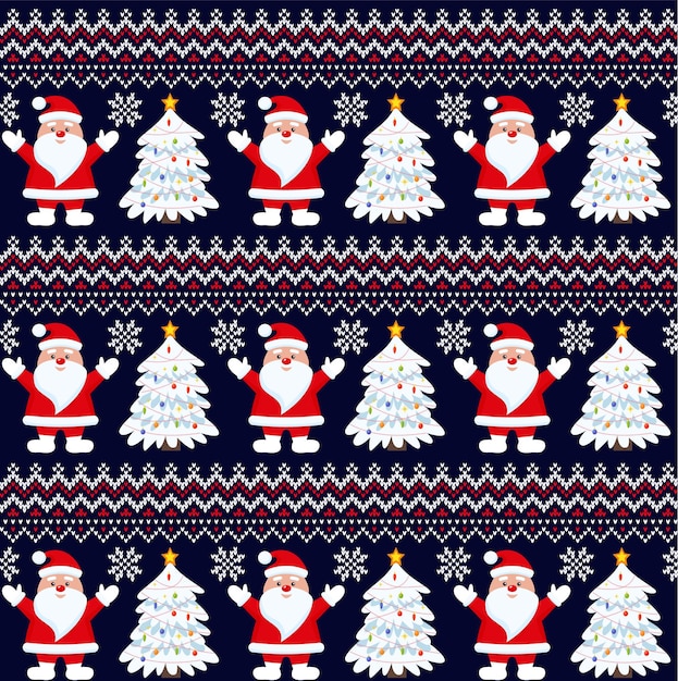 Knitted christmas and new year pattern into santa. wool knitting sweater design. wallpaper wrapping paper textile print.