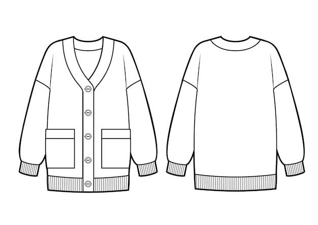 Premium Vector | classic cardigan pockets buttons front, fashion flat sketch template